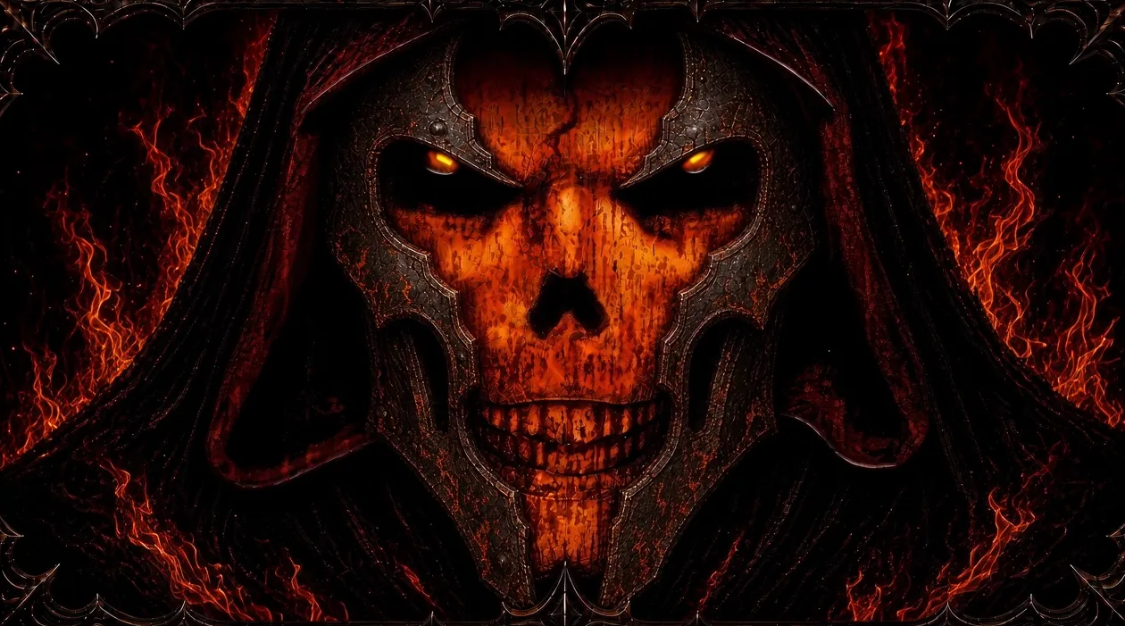 A hooded skull wreathed in fire and embers